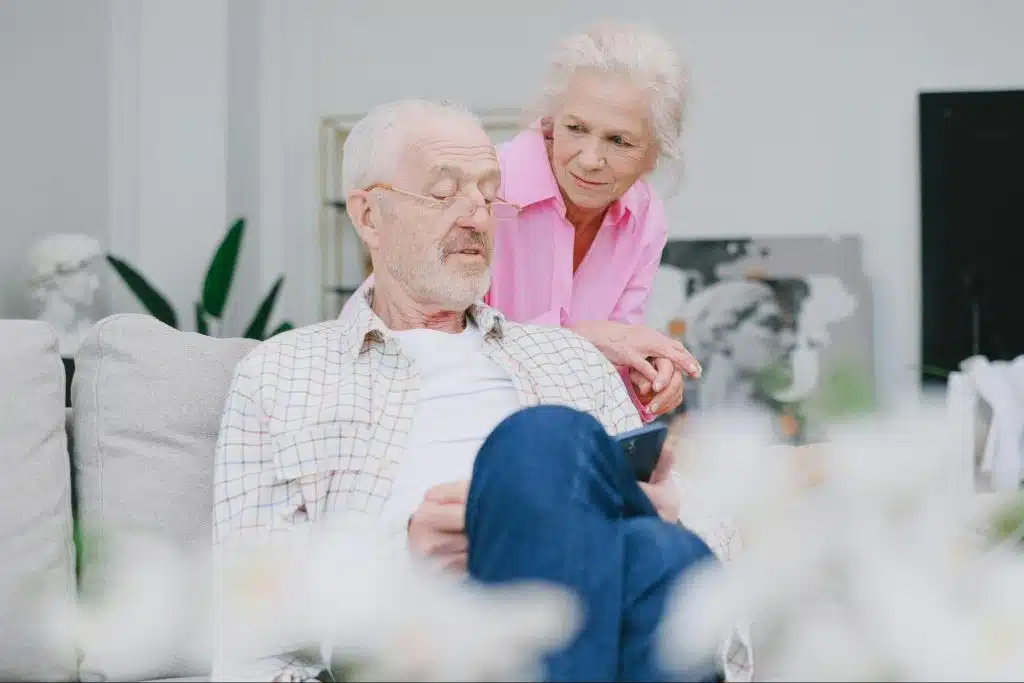 A man and woman talking 