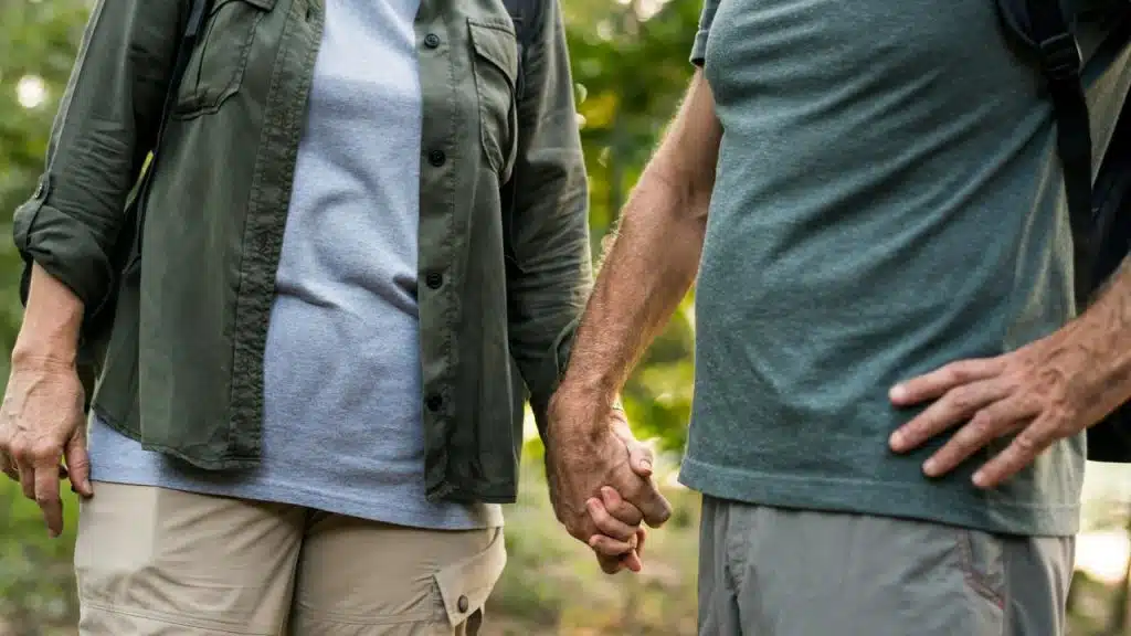 A couple holding hands while walking outdoors in a green, natural setting.