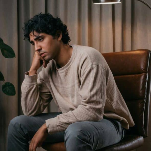A man with dark curly hair sits in a leather chair with his chin on his hand.