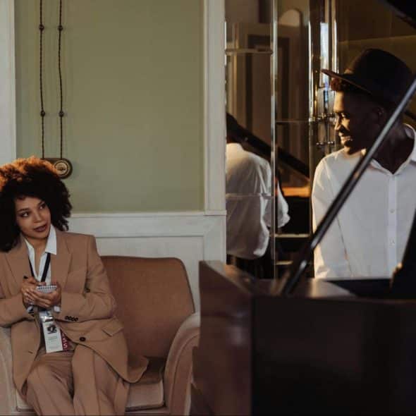 A man and a woman looking at each other
