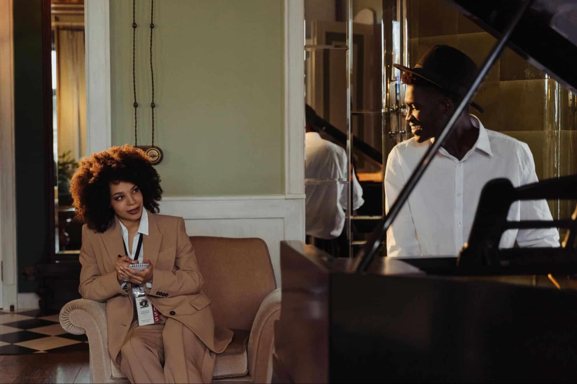 A man and a woman looking at each other
