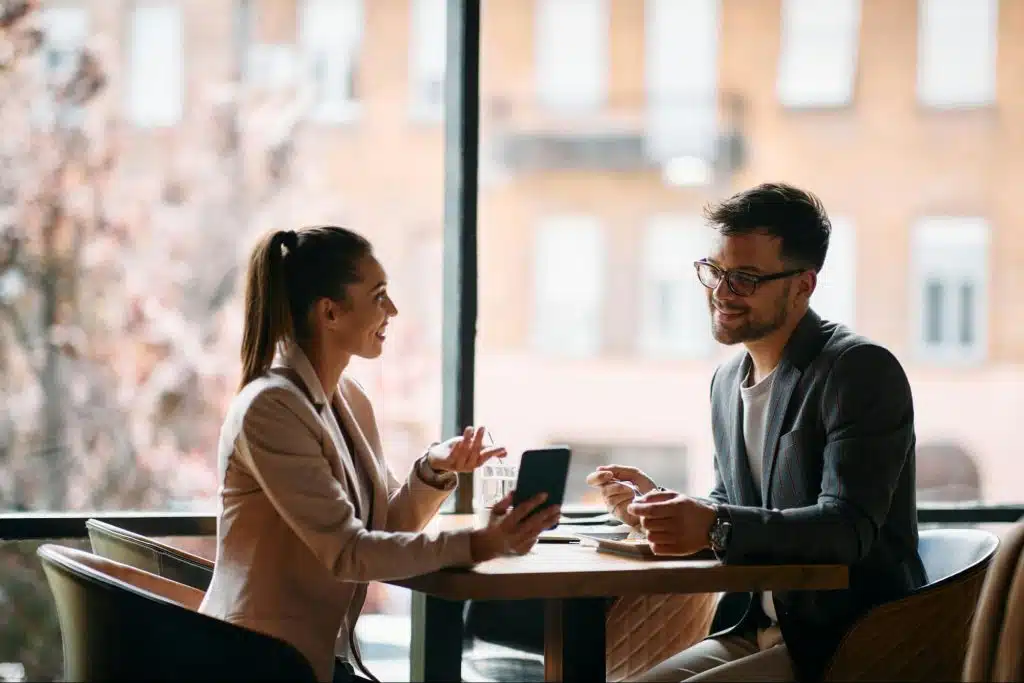 A man and woman discussing