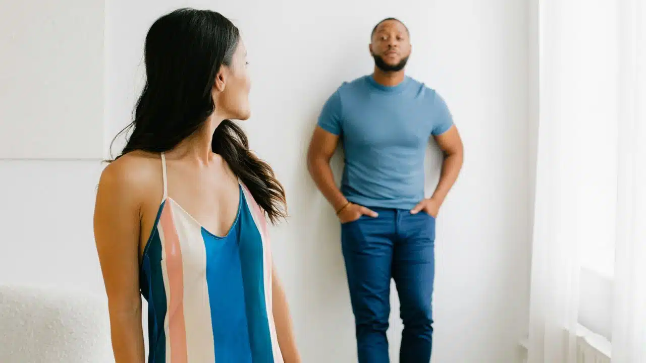 A woman looks toward a man standing against a white wall with hands in pockets.