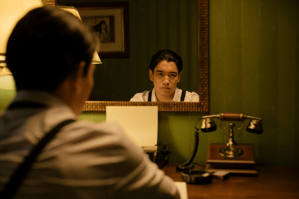 A man’s reflection in a mirror