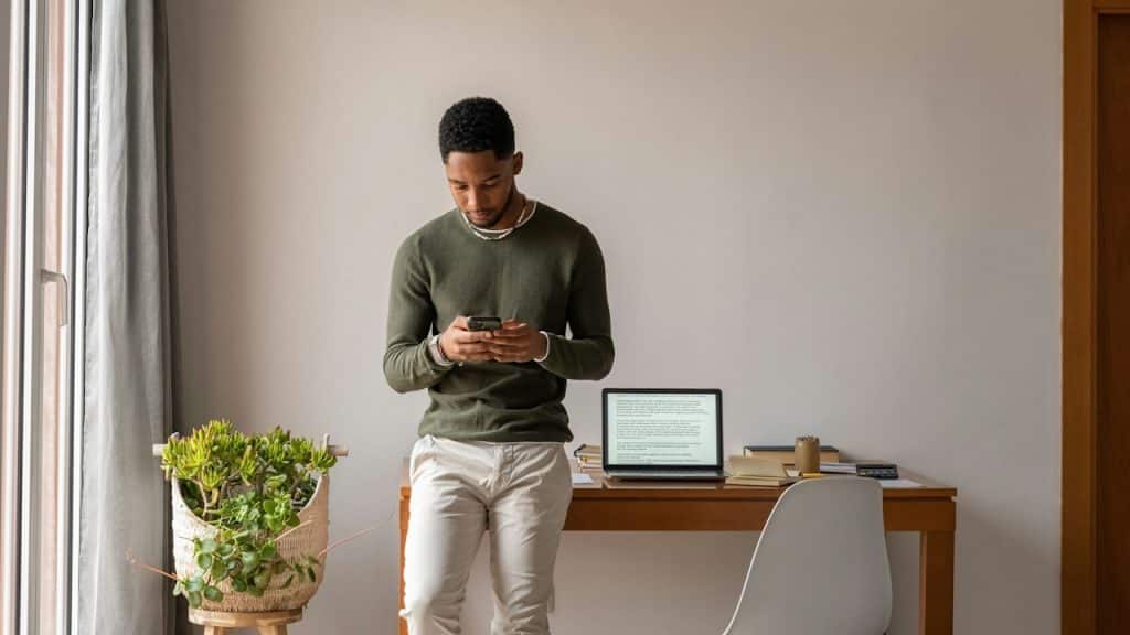A man is using a phone while leaning on a table.