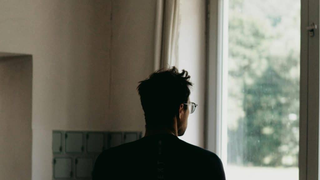 A man seen from behind standing near a window indoors.
