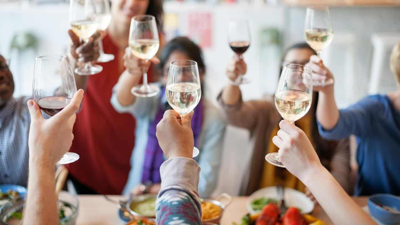 A group of people toasting with wine glasses at a meal.