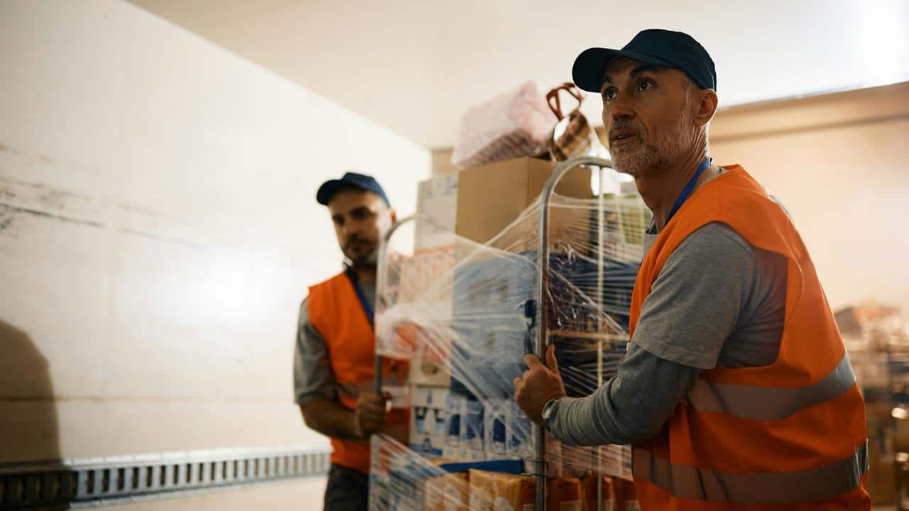 An older man volunteering and pushing a wrapped cart loaded with boxes.