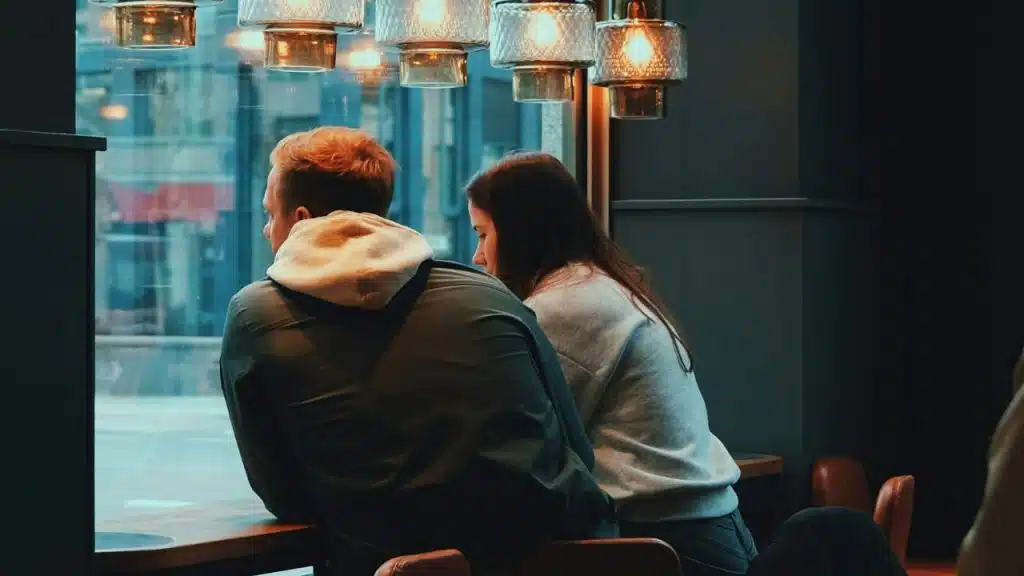 A man and woman sit at a counter looking out a window under hanging lights.