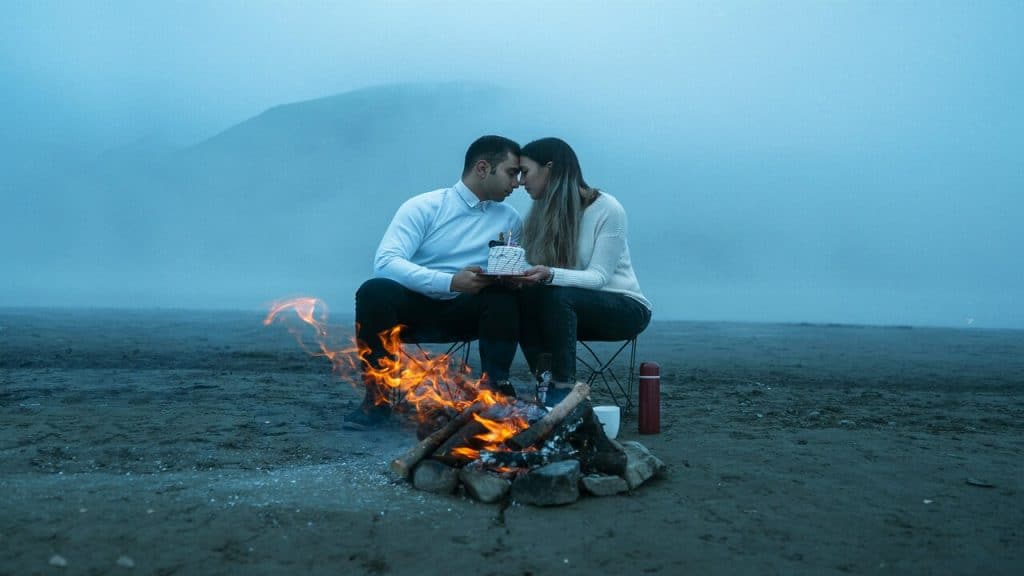 A couple celebrating a birthday while camping