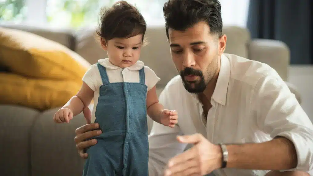 A father showing something to his child.
