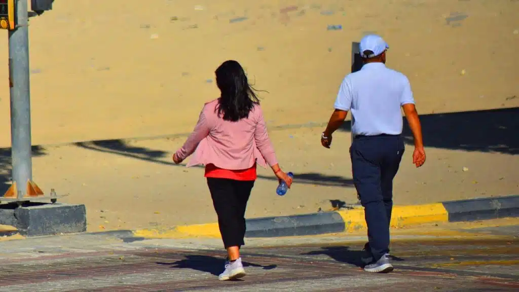 A man and a woman walk away from the camera on a paved path.