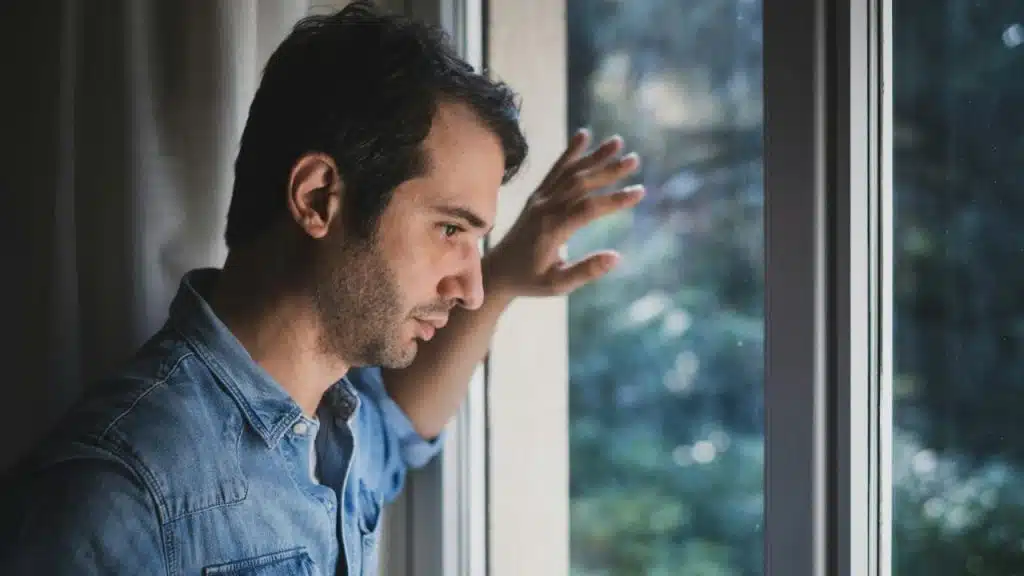 A man in a denim shirt leans against a window frame, looking out at greenery.