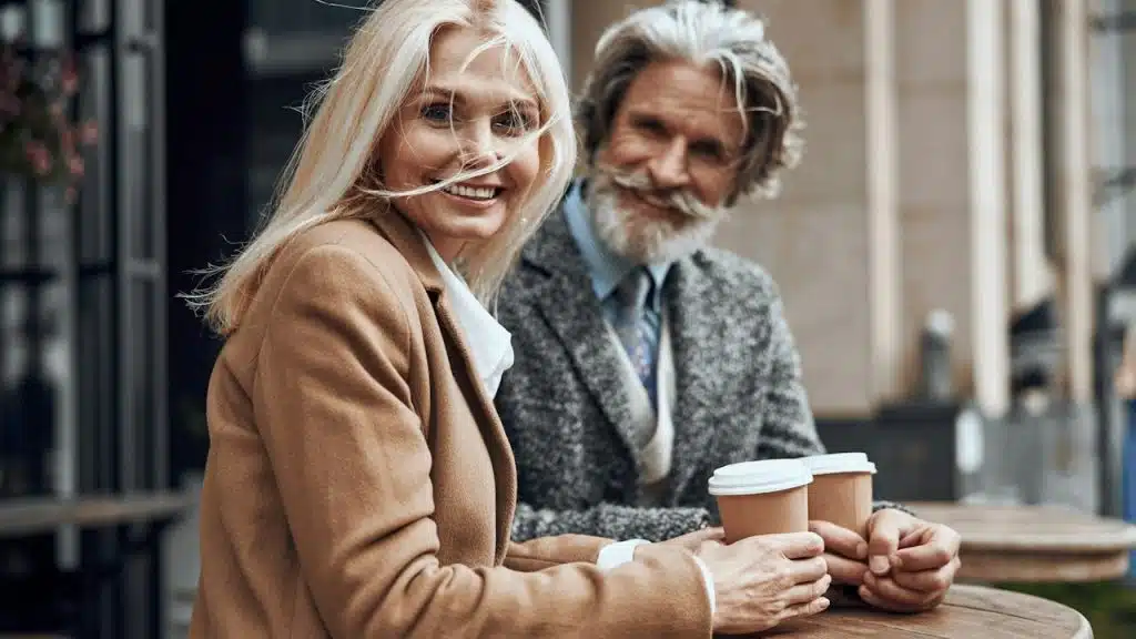 A gladsome woman turning and smiling while standing with a man at the cafe table.
