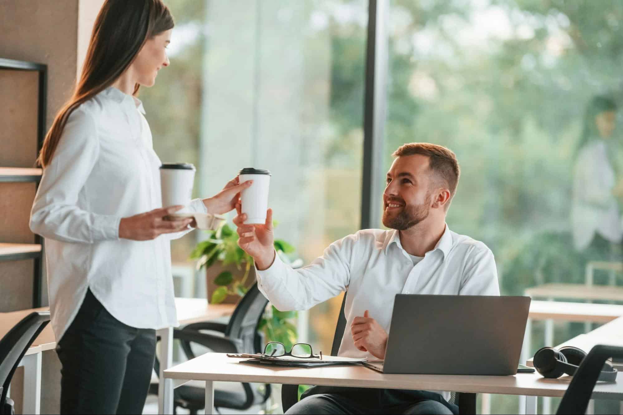 A man and woman talking 