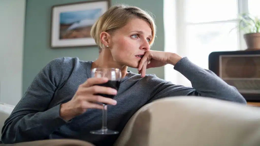 A woman looking stressed while drinking