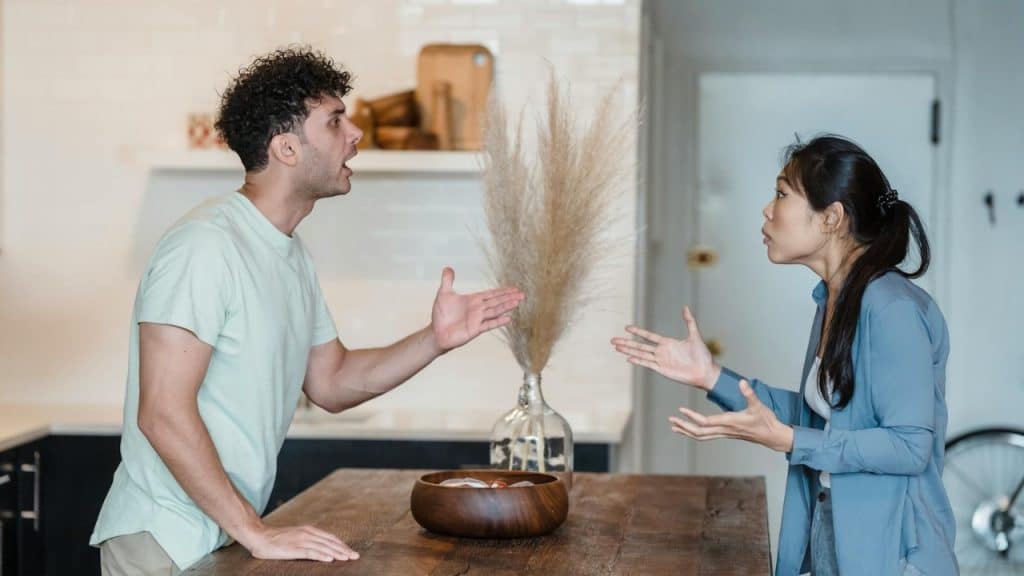 A man and woman stand in a kitchen facing each other with their arms held open.