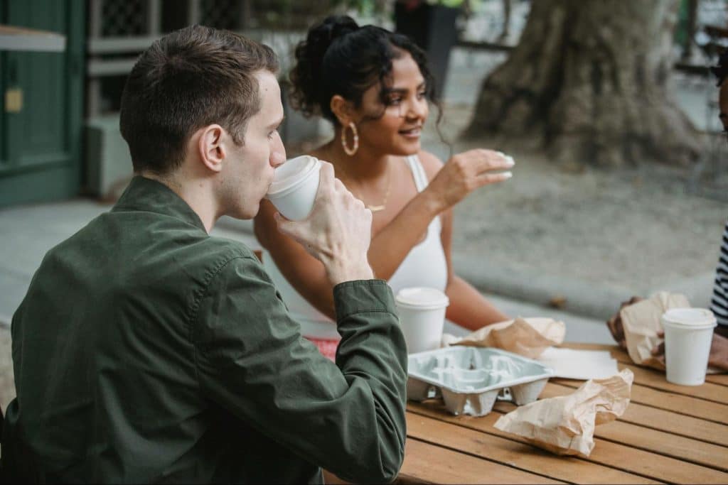 A man and woman talking