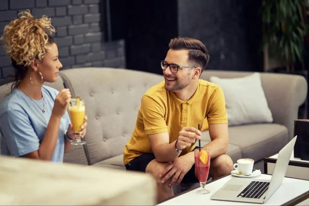 A man and woman at the couch