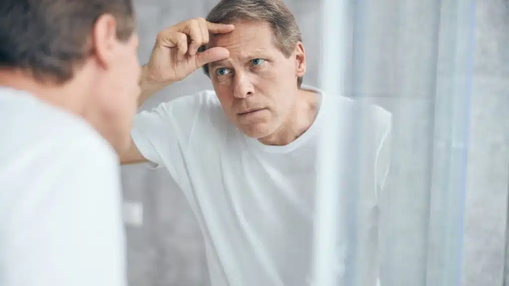 A man in a white t-shirt looks into a mirror while touching his forehead skin.
