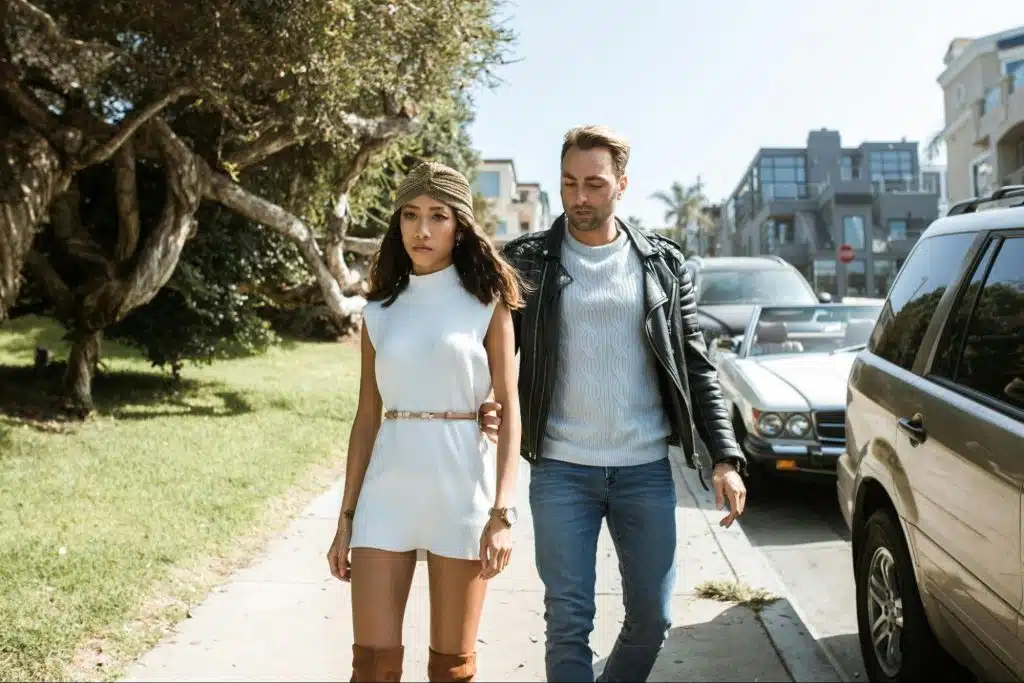 A man and woman walking