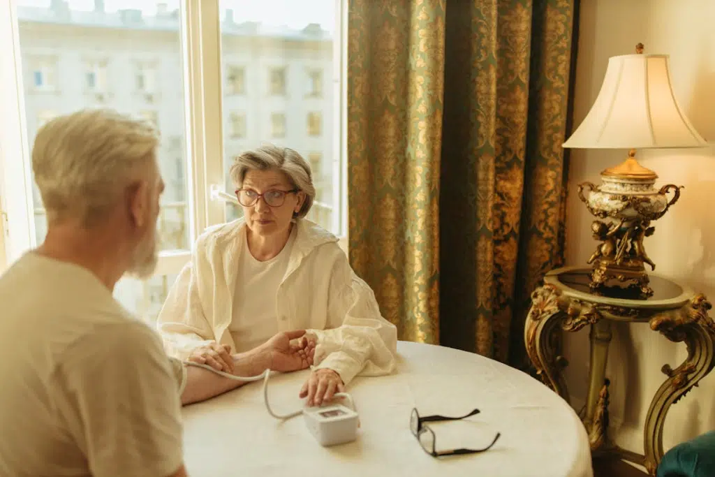 Elderly woman sitting down and talking with man