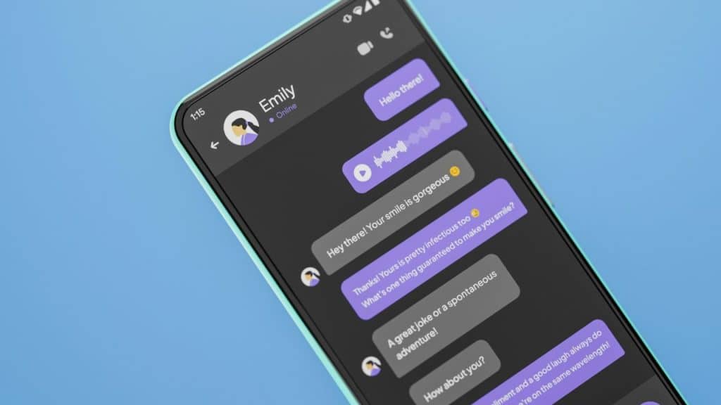 A smartphone displays a messaging app with several purple and gray text bubbles on screen.