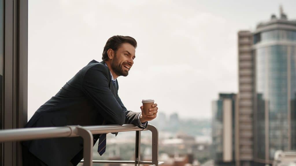 A man in a suit stands on a balcony holding a cup, smiling at a city view.