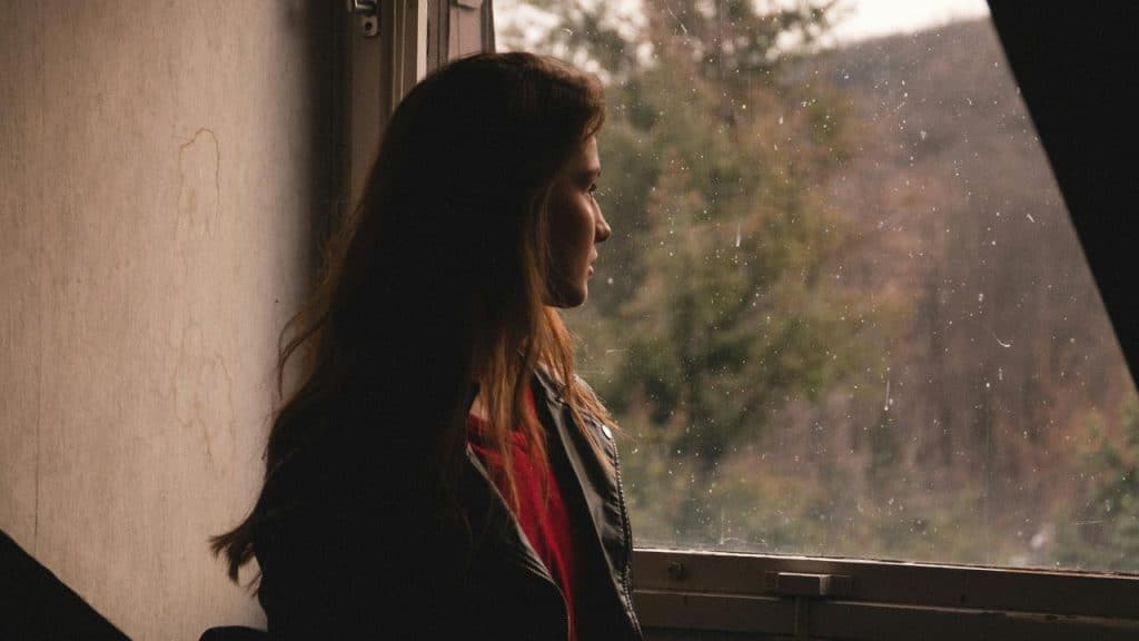A person in profile looking out a window as soft daylight falls across their face.