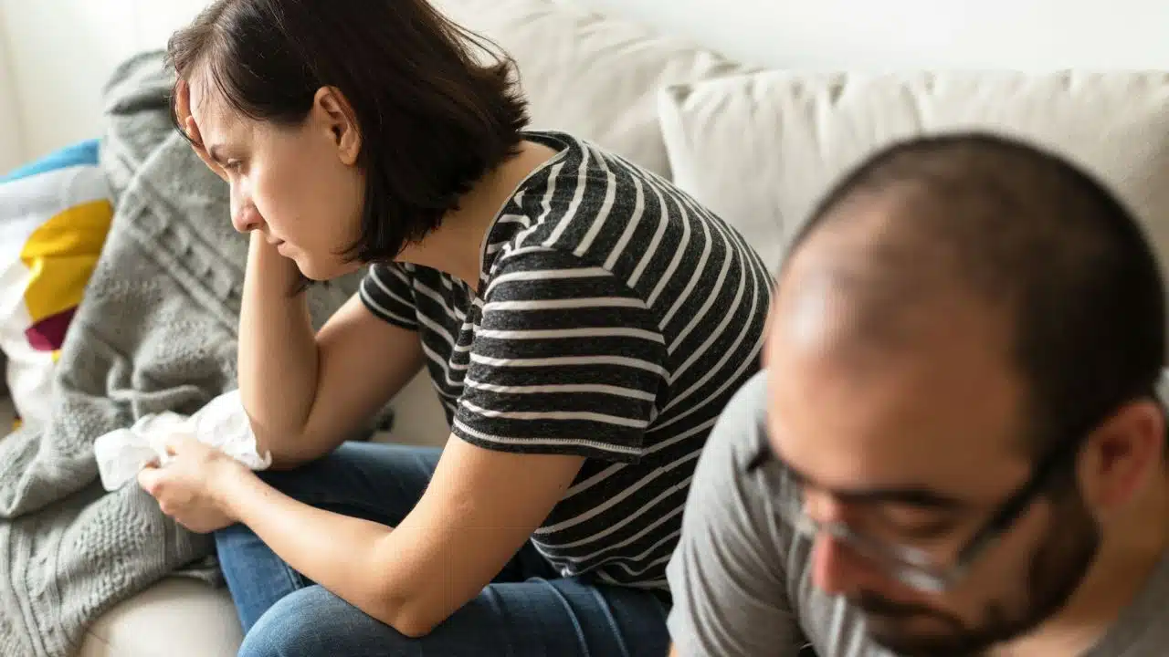 A woman sits on a couch looking downward while a man sits in the foreground.