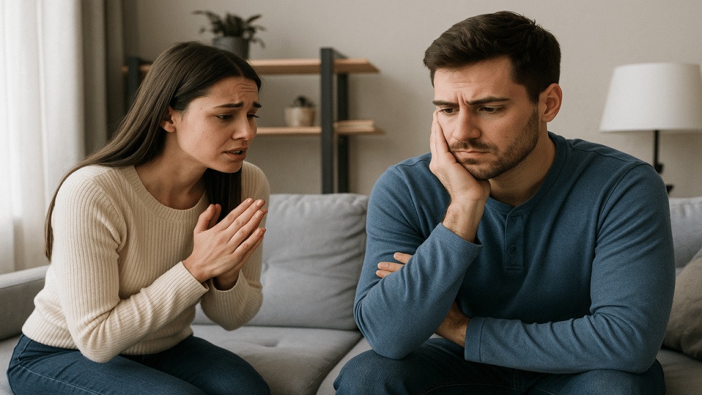 A woman apologizing to her husband