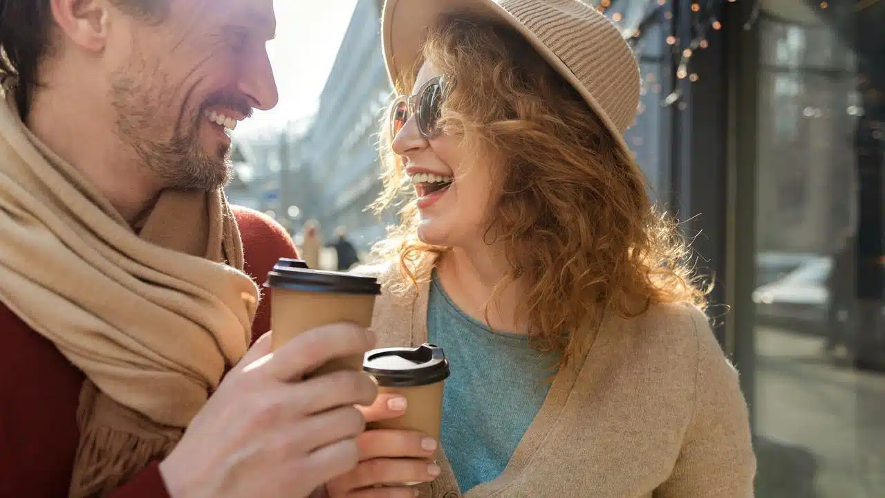 A couple laughing while holding coffee cups outdoors.