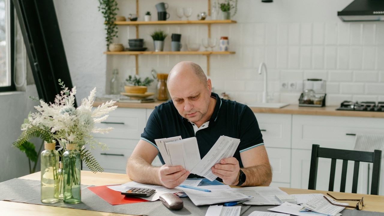A bald man sits at a table in a kitchen reviewing several paper documents.