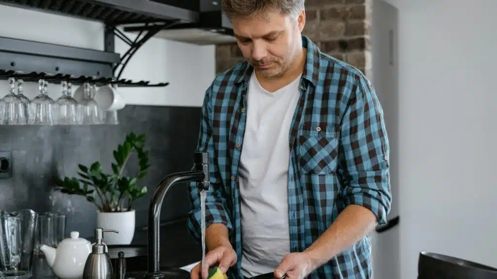A man in a blue plaid shirt washes dishes with a sponge in a kitchen sink.