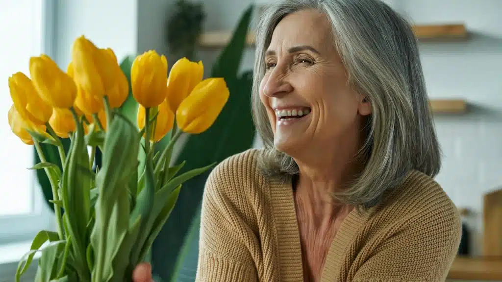 An elegant senior woman holding a bunch of yellow tulips and smiling while relaxing at home.
