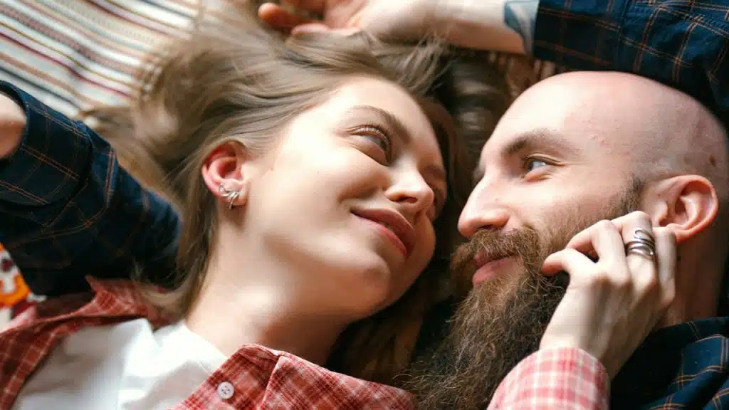 A woman stroking a bald, bearded man’s beard while they lie on a bed together.