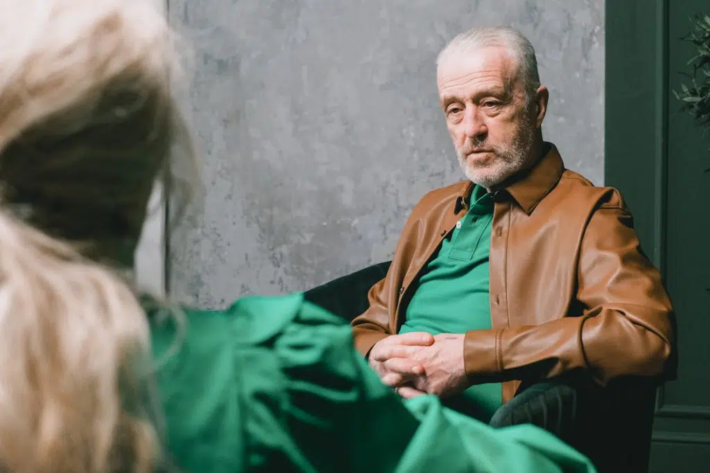 Elderly Man Wearing Brown Leather Jacket