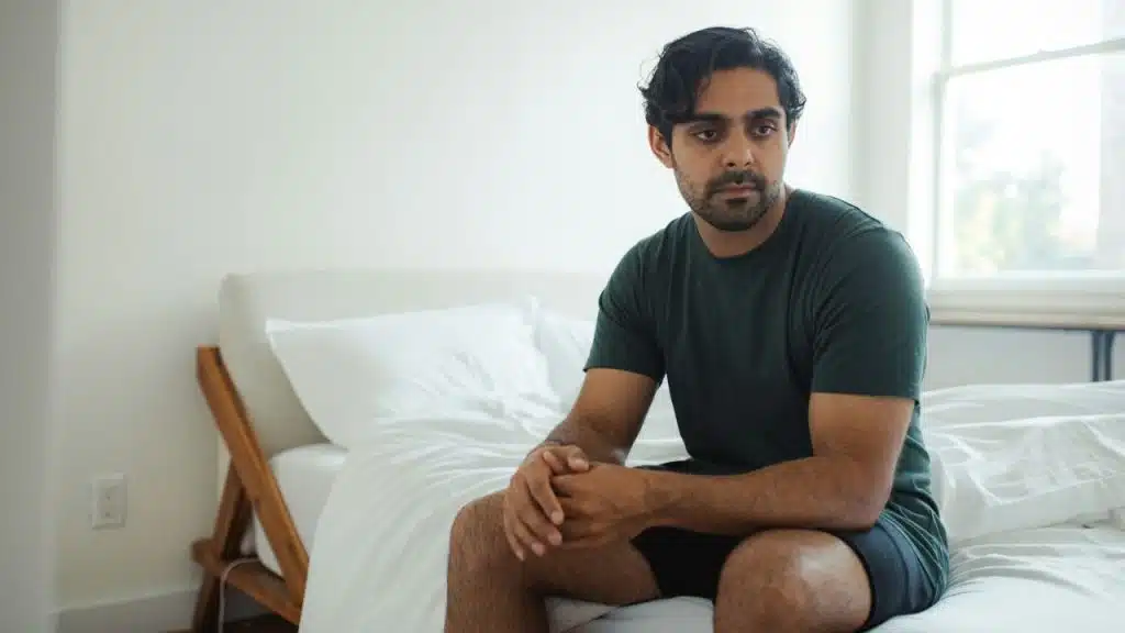 A man with dark hair and a beard sits on a white bed looking away.