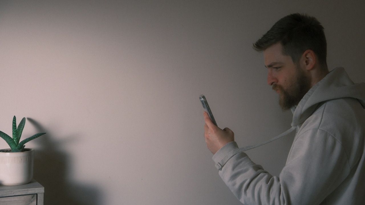 A bearded man in a hoodie looks at a smartphone with a concentrated facial expression.
