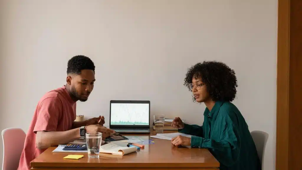 A man and woman discussing finances at a table.
