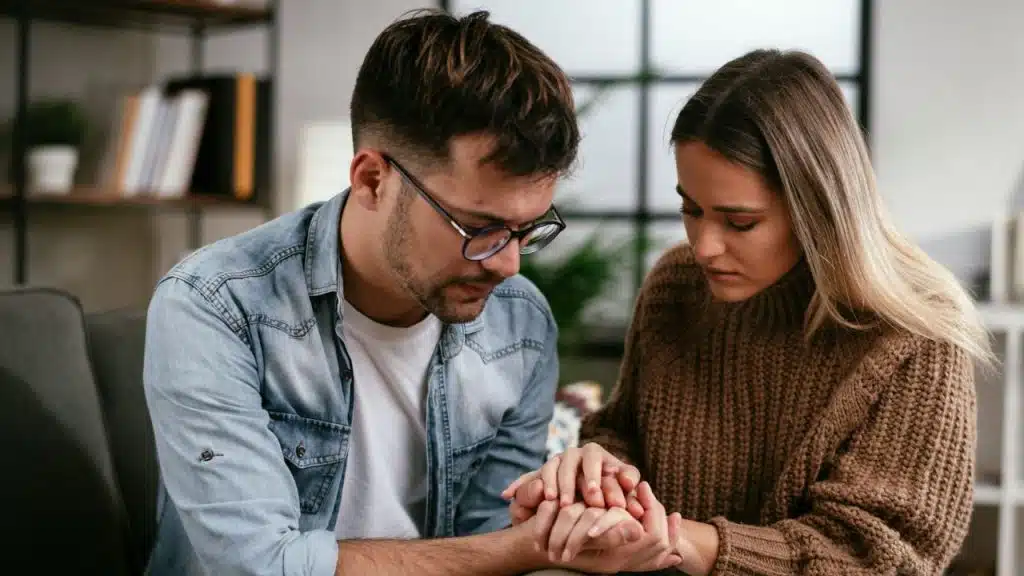 A man and woman sit closely together while holding each other's hands and looking down.