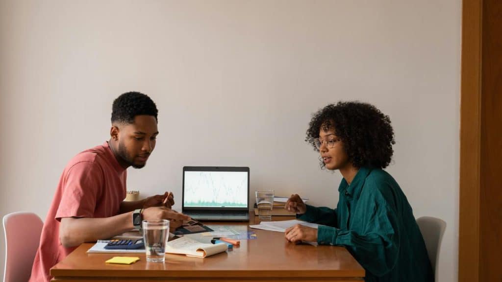 A man and woman discussing finances at a table.