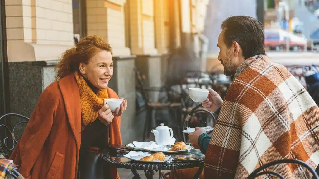 A man and woman enjoy coffee and pastries at an outdoor café table, with the man wrapped in a plaid blanket.