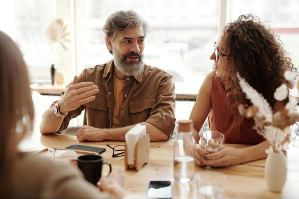 A man and woman talking