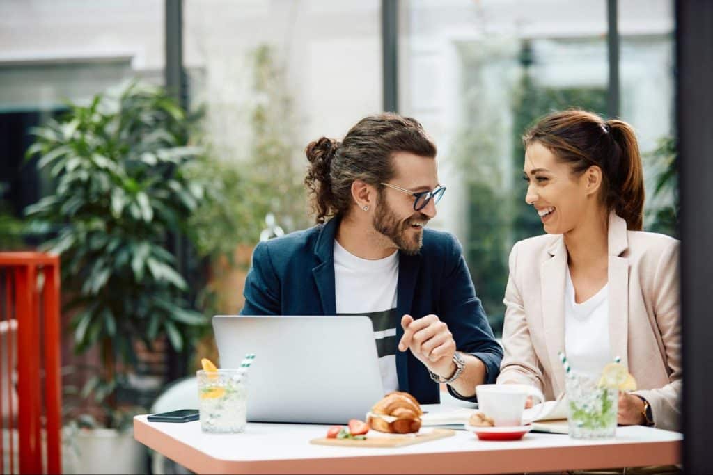 A man and woman talking