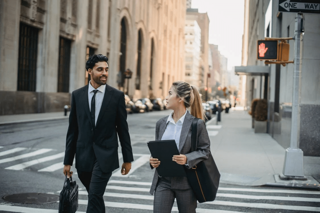 A man and a woman walking on the street