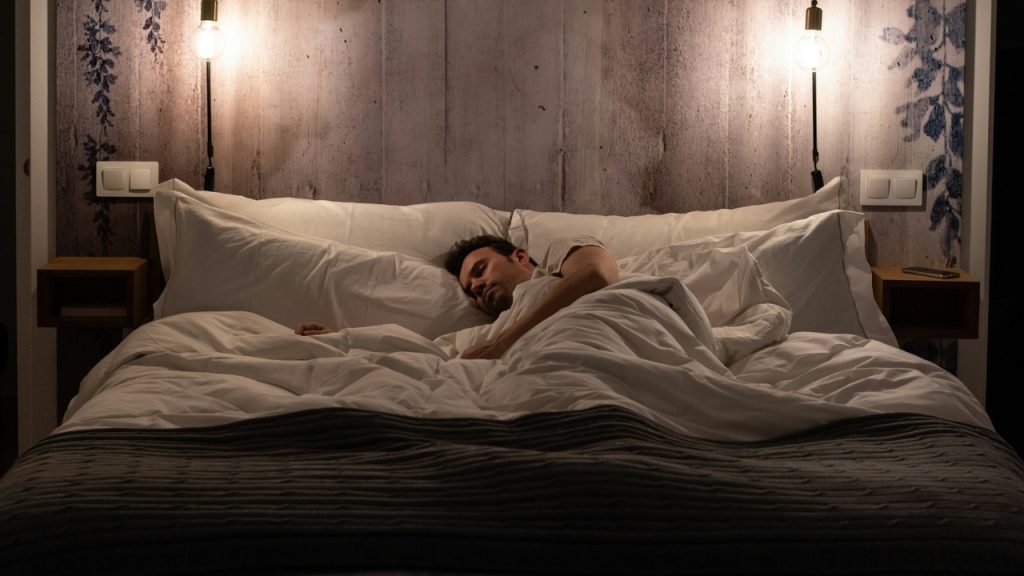 A man sleeps in a bed with white linens under two glowing wall-mounted lamps.