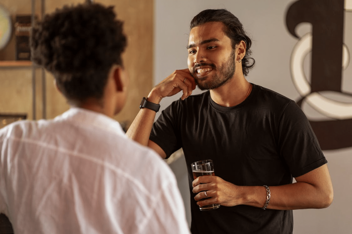 A man and a woman talking