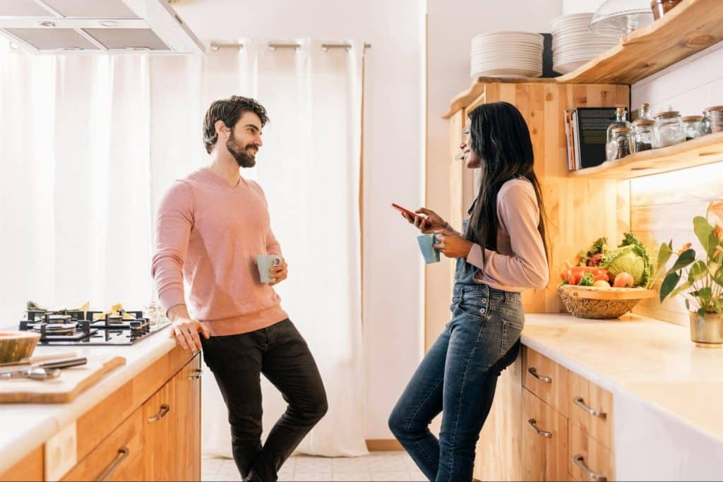 A man and a woman talking 