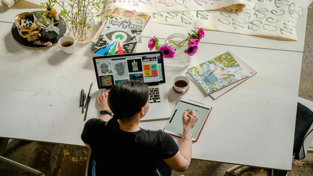 A woman multitasking at work